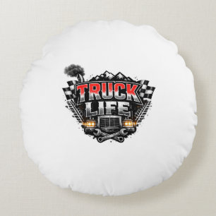 Truck Life Grunge Distressed Chrome Red Trucker Li Round Pillow