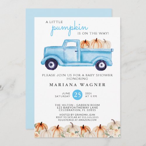 Truck Little Pumpkin Blue Boy Baby Shower Invitation