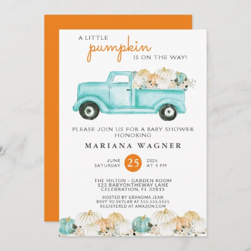 Truck Little Pumpkin Gender Neutral Baby Shower Invitation