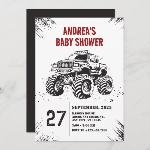 Truck monster road baby shower invitation