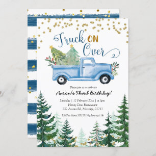 Truck on Over Blue Christmas Truck Birthday Invitation