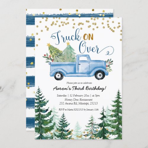 Truck on Over Blue Christmas Truck Birthday Invitation