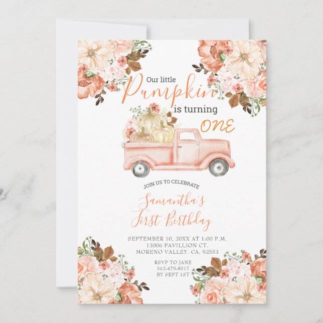 Truck Pink Peach Watercolor Fall Pumpkin Invite (Front)