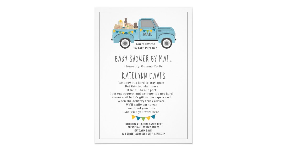 Truck Social Distancing Blue Baby Shower By Mail Invitation