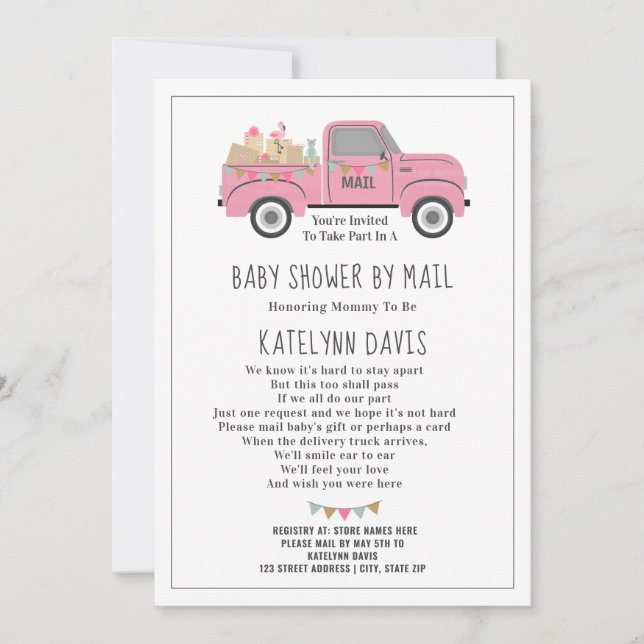 Truck Social Distancing Pink Baby Shower By Mail Invitation (Front)