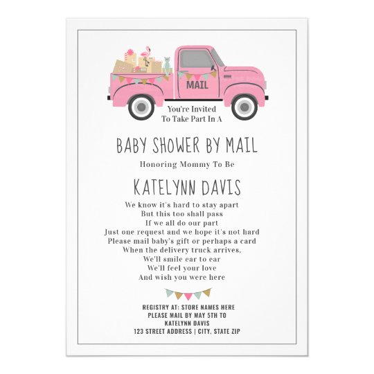 Truck Social Distancing Pink Baby Shower By Mail Invitation