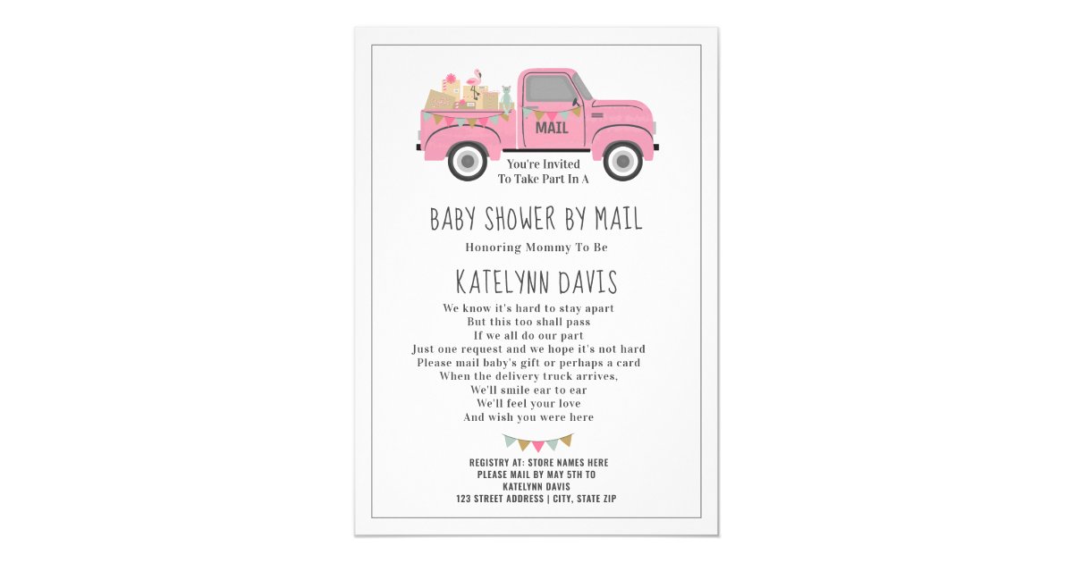 Truck Social Distancing Pink Baby Shower By Mail Invitation