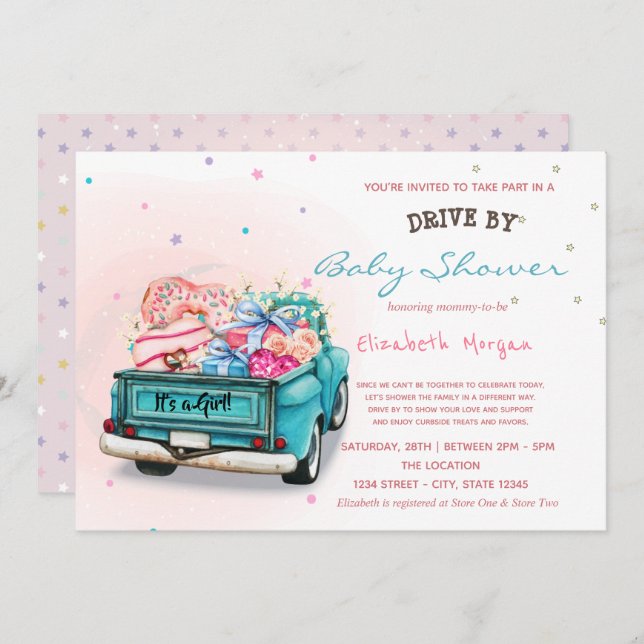 Truck Sweets Stars Drive By Baby Shower Invitation (Front/Back)