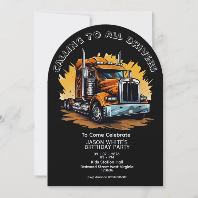 Truck Themed Boy Birthday Invitation  (Front)