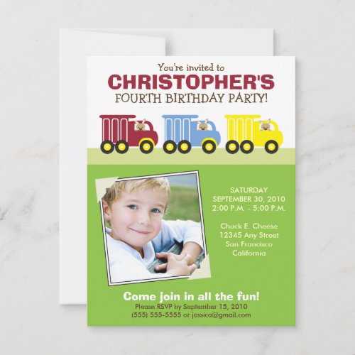 Truck Trio Boy's Green Birthday Party Invitation