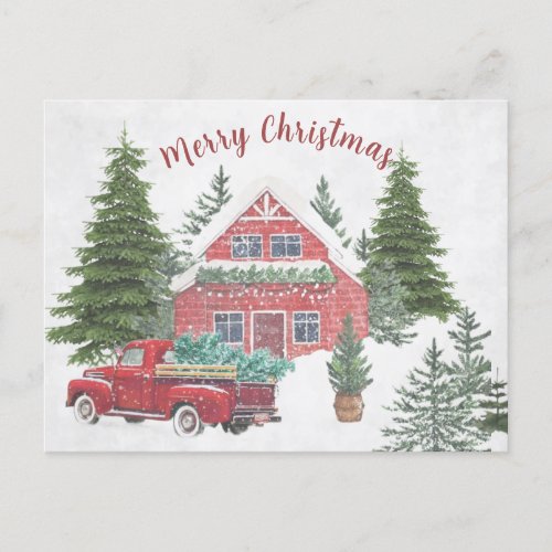Truck Winter Snow House Christmas Tree Red Holiday Postcard