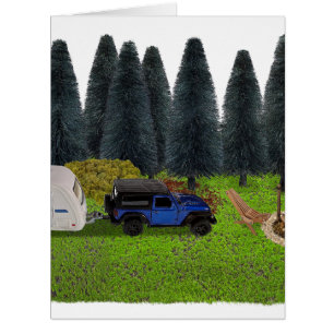 Truck with a Pull Camper in the Woods Cleared Camp Cards