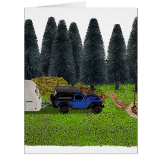 Truck with a Pull Camper in the Woods Cleared Camp Cards