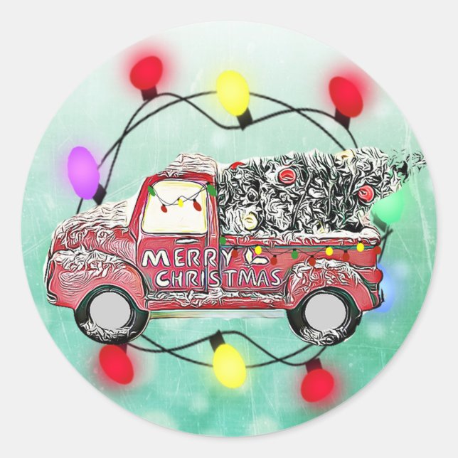 Truck with Christmas Tree Lights and Tree Classic Round Sticker (Front)