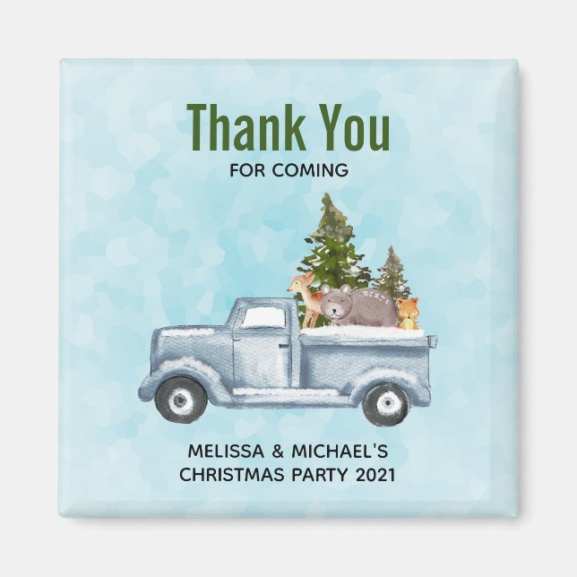 Truck with Pine Trees & Forest Animals Christmas Magnet (Front)