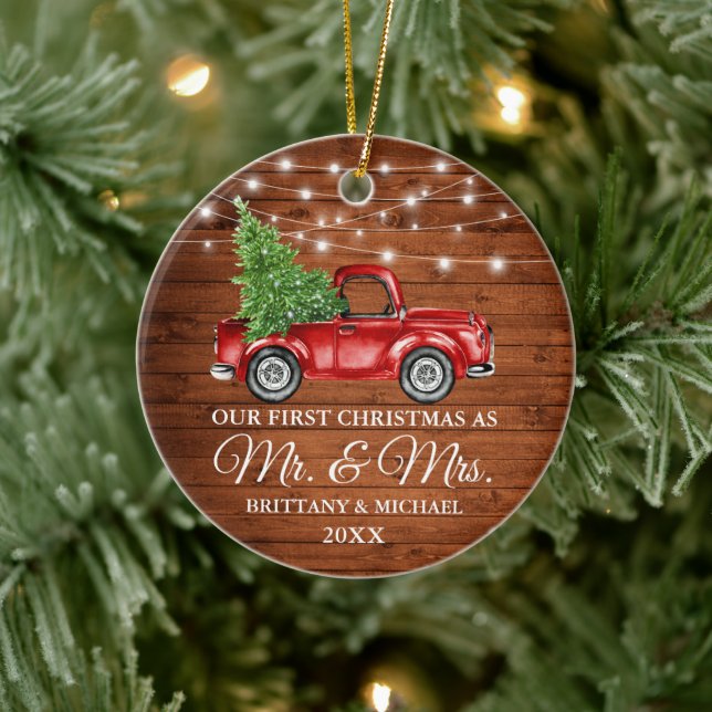 Truck Wood Lights First Christmas Mr and Mrs Ceramic Ornament (Tree)