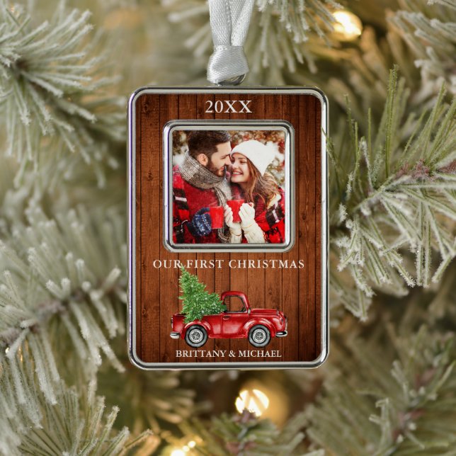 Truck Wood Our First Christmas Couple Photo Christmas Ornament (Tree)