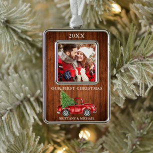 Truck Wood Our First Christmas Couple Photo Ornament