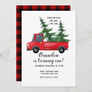 Truck Wood Red Plaid First Birthday Invitation
