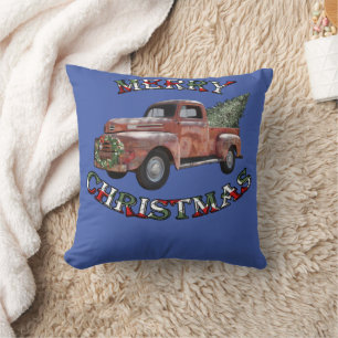 Truck & Xmas Tree Retro Design Merry Christmas Throw Pillow