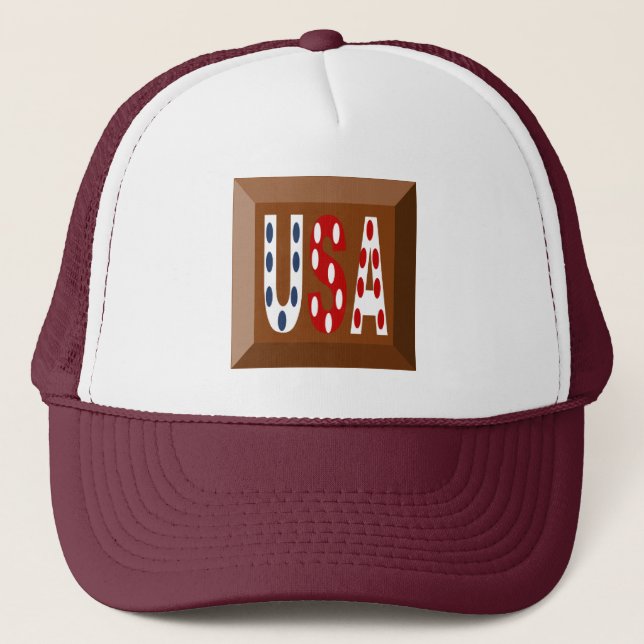 TRUCKER CASQUETTE WHITE BROWN TOP DESIGN USA HAT (Front)