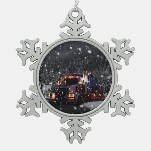 Trucker Christmas Snowflake Pewter Christmas Ornament (Front)