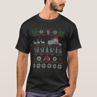 Trucker Semi Truck Pulled By Reindeer Ugly Christm T-Shirt