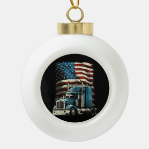Trucker US American Flag For Patriotic Truck Drive Ceramic Ball Christmas Ornament