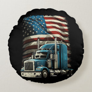 Trucker US American Flag For Patriotic Truck Drive Round Pillow