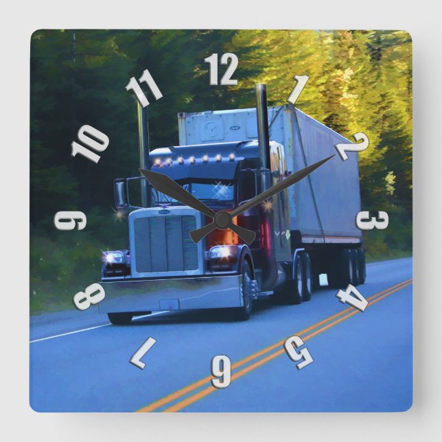 Truckers, Big Rig Cargo Truck Art Square Wall Clock (Front)