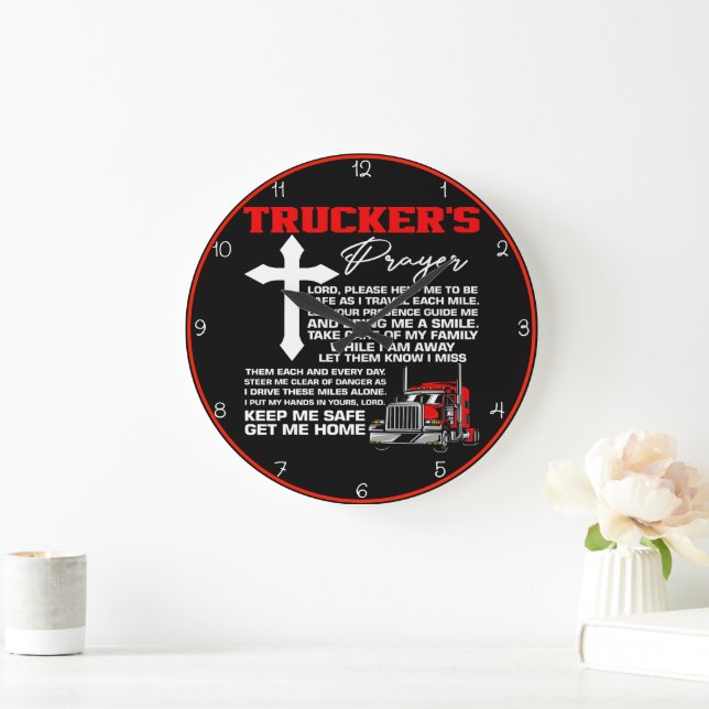 Trucker's Prayer: Cross, Safe Home Large Clock (Home)