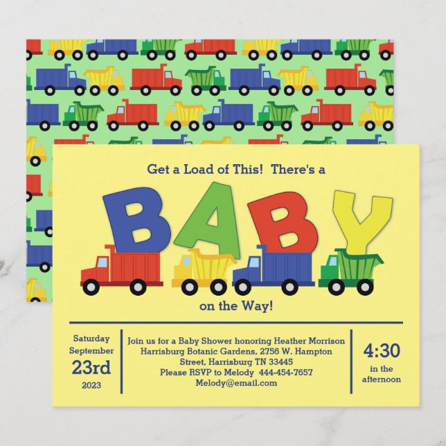 Trucks Baby Shower Dump Truck Boy Invitation (Front/Back)