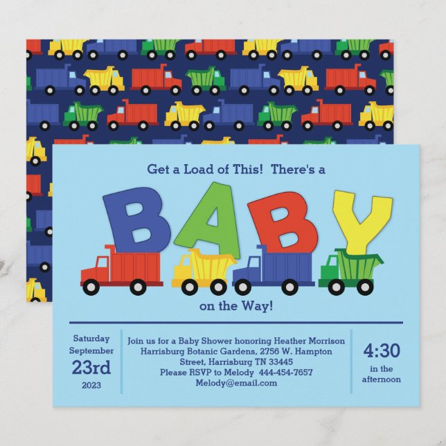 Trucks Baby Shower Dump Truck Boy Invitation (Front/Back)