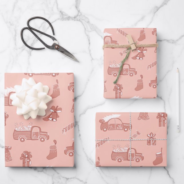 Trucks Bells Pattern Light Rose Pink Christmas Wrapping Paper Sheets (Front)