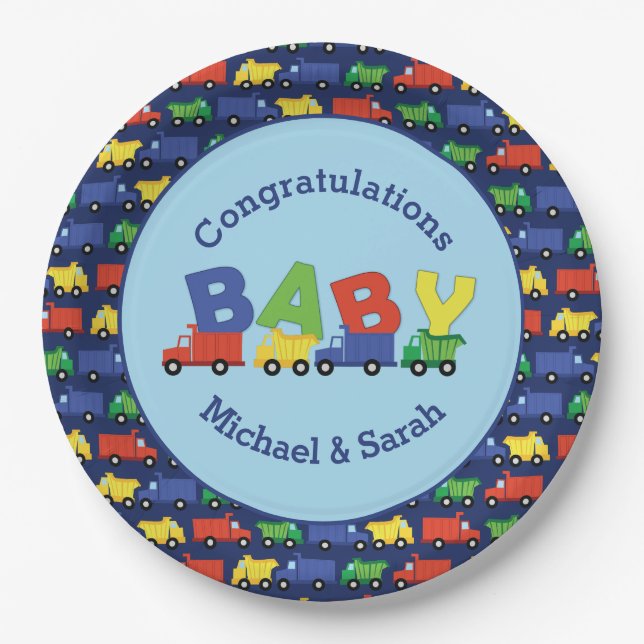 Trucks Boy Baby Shower Construction Cute Paper Plates (Front)