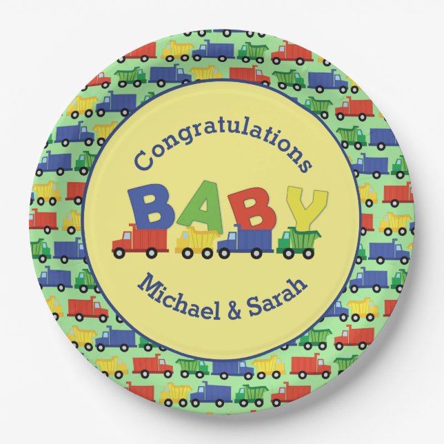 Trucks Boy Baby Shower Construction Cute Paper Plates (Front)