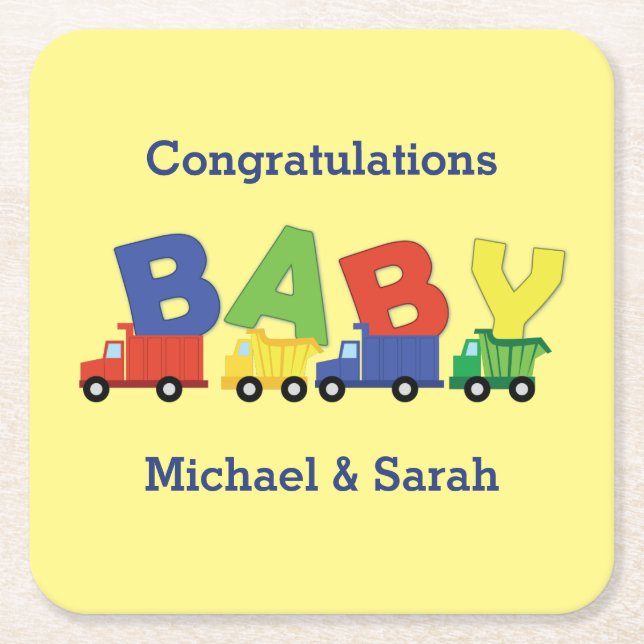 Trucks Boy Baby Shower Construction Cute Square Paper Coaster (Front)