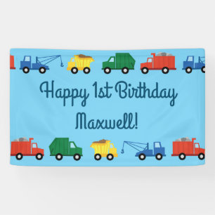Trucks Cars Cute 1st Birthday Party Theme Banner