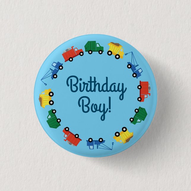 Trucks Cars Cute 1st Birthday Party Theme Button (Front)