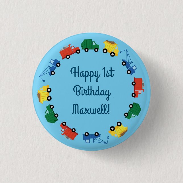 Trucks Cars Cute 1st Birthday Party Theme Button (Front)