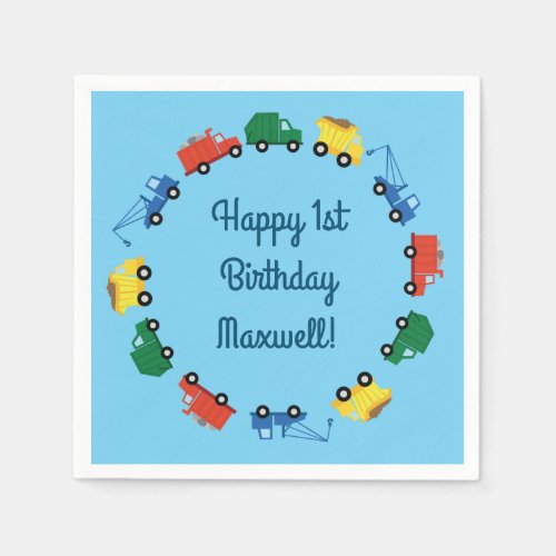 Trucks Cars Cute 1st Birthday Party Theme Napkins