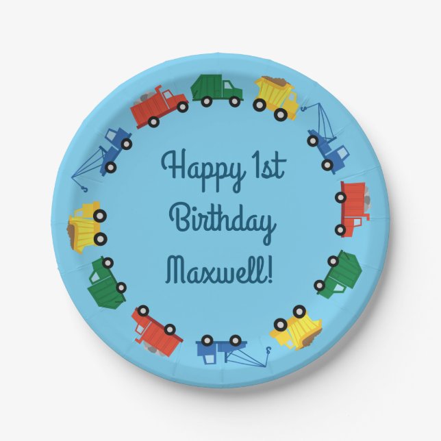 Trucks Cars Cute 1st Birthday Party Theme Paper Plates (Front)