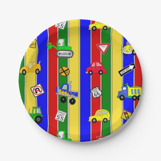 Trucks, Cars, Tractors and Traffic Signs Birthday Paper Plates (Front)