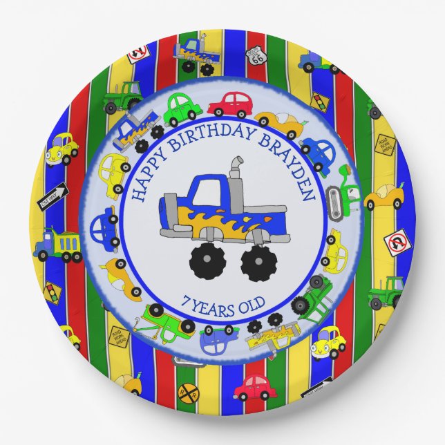 Trucks, Cars, Tractors and Traffic Signs Birthday Paper Plates (Front)