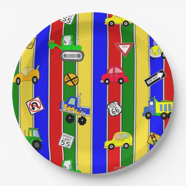 Trucks, Cars, Tractors and Traffic Signs Birthday Paper Plates (Front)