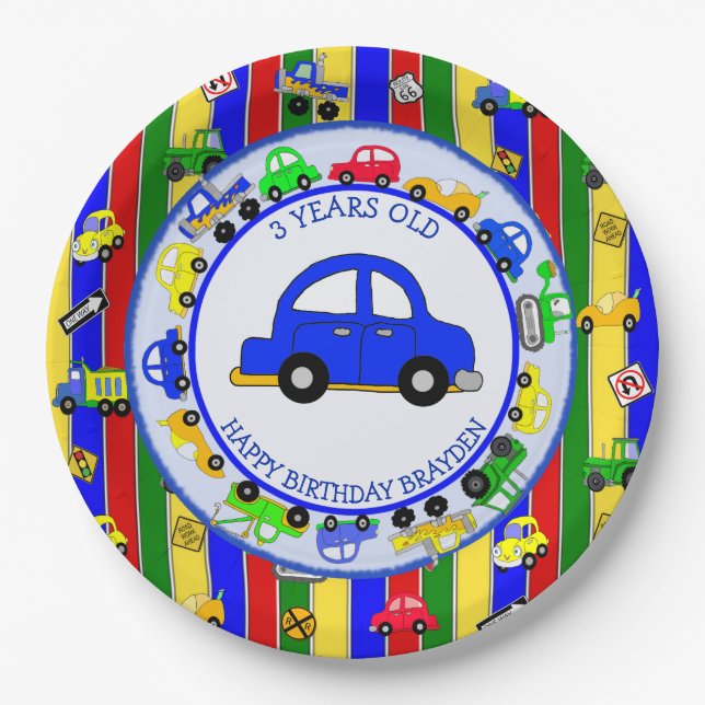 Trucks, Cars, Tractors and Traffic Signs Birthday Paper Plates (Front)