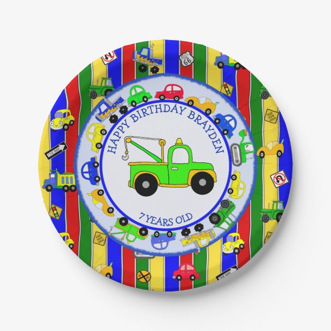 Trucks, Cars, Tractors and Traffic Signs Birthday Paper Plates (Front)