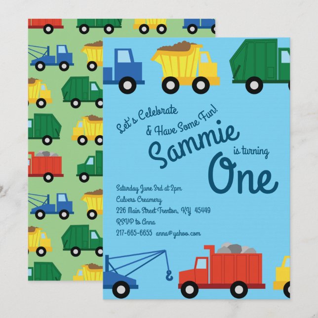 Trucks Colorful 1st Birthday Invitations (Front/Back)
