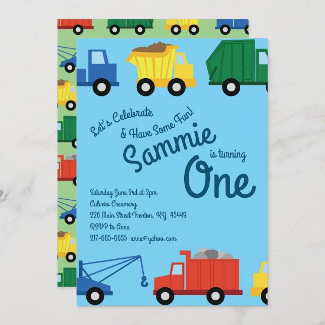 Trucks Colorful 1st Birthday Invitations (Front/Back)