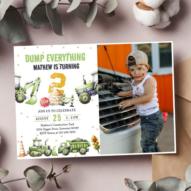 Trucks & Diggers Construction 2nd Birthday Photo Invitation (Creator Uploaded)